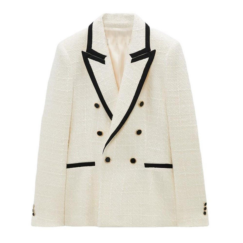 PB&ZA tavaszi őszi női duplasoros Tweed blézer szabadidő Sjoulder párnákkal Elegáns irodai női hosszú ujjú, rácsos felső