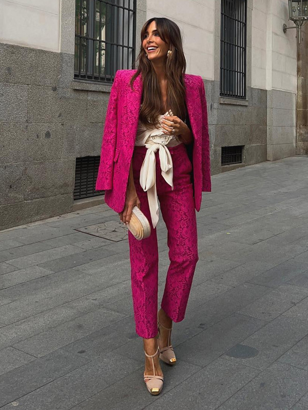 Női blézer szettek őszi téli elegáns elegáns csipkeszövet vékony blézerkabát és magas derekú nadrág, kétrészes irodai női öltöny