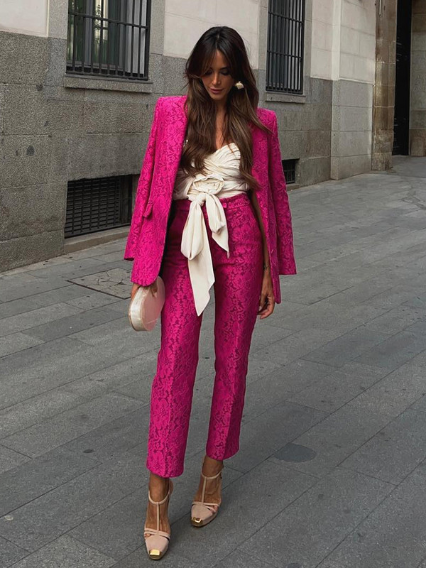 Női blézer szettek őszi téli elegáns elegáns csipkeszövet vékony blézerkabát és magas derekú nadrág, kétrészes irodai női öltöny