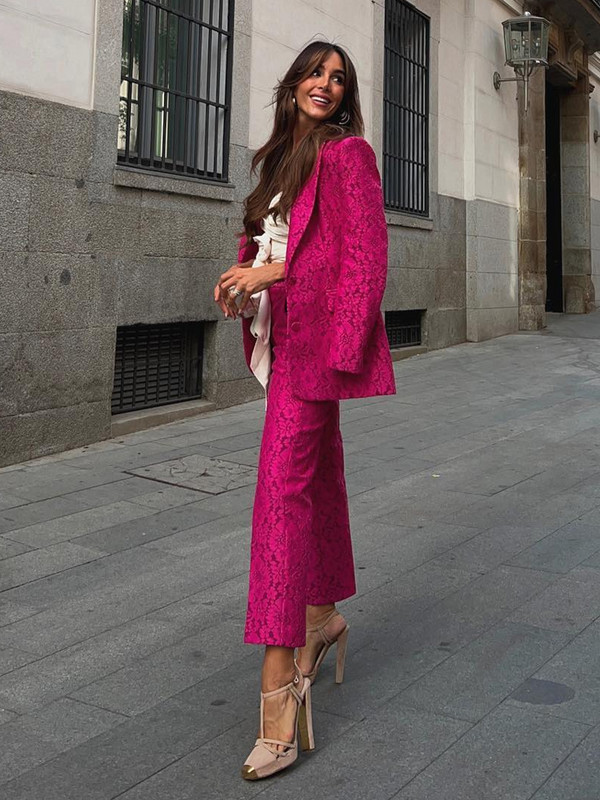 Női blézer szettek őszi téli elegáns elegáns csipkeszövet vékony blézerkabát és magas derekú nadrág, kétrészes irodai női öltöny
