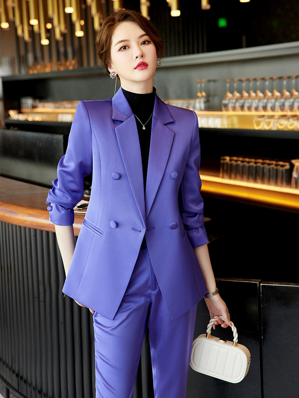 Divat, lila, rózsaszín nadrágkosztüm, női irodai női blézer és nadrág, női hosszú ujjú, munkaruha, 2 részes szett