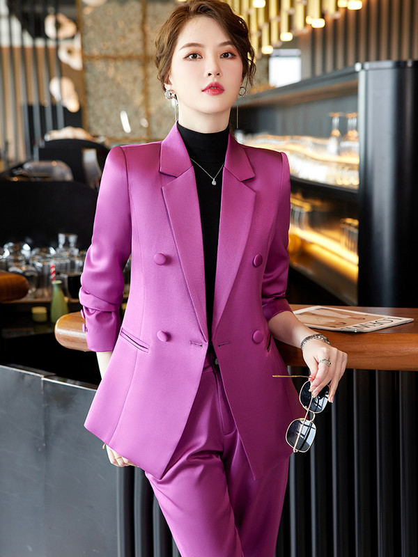 Divat, lila, rózsaszín nadrágkosztüm, női irodai női blézer és nadrág, női hosszú ujjú, munkaruha, 2 részes szett