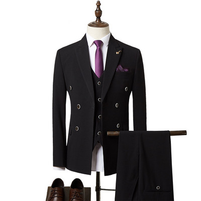 Férfi formális, testreszabott, karcsúsított, kétsoros esküvői öltönyök vőlegény szmokingok számára (blézer+nadrág+mellény+nyakkendő)