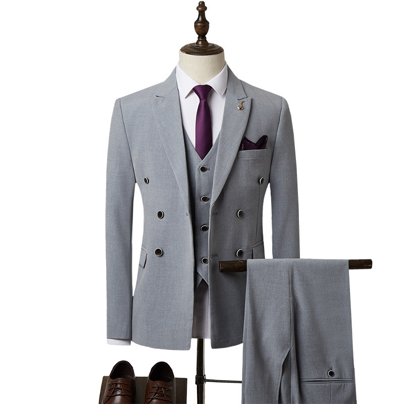 Férfi formális, testreszabott, karcsúsított, kétsoros esküvői öltönyök vőlegény szmokingok számára (blézer+nadrág+mellény+nyakkendő)