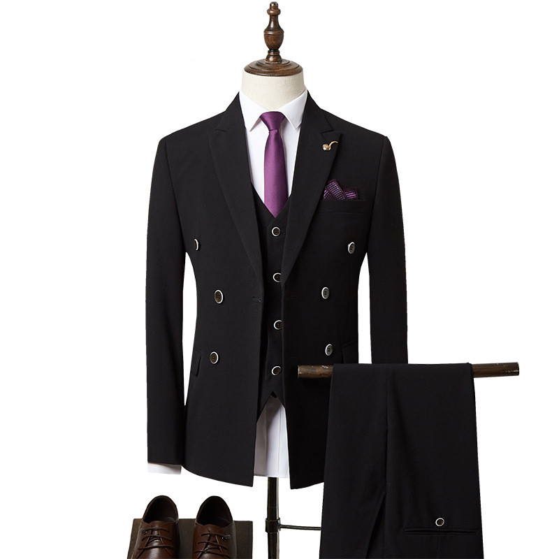 Férfi formális, testreszabott, karcsúsított, kétsoros esküvői öltönyök vőlegény szmokingok számára (blézer+nadrág+mellény+nyakkendő)