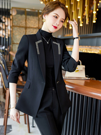 Zöld narancssárga fekete üzleti munkaruha nadrágkosztüm, női irodai női formális blézer és nadrág női hosszú ujjú 2 részes szett