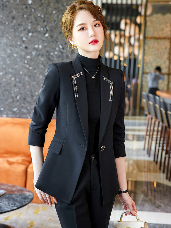 Zöld narancssárga fekete üzleti munkaruha nadrágkosztüm, női irodai női formális blézer és nadrág női hosszú ujjú 2 részes szett