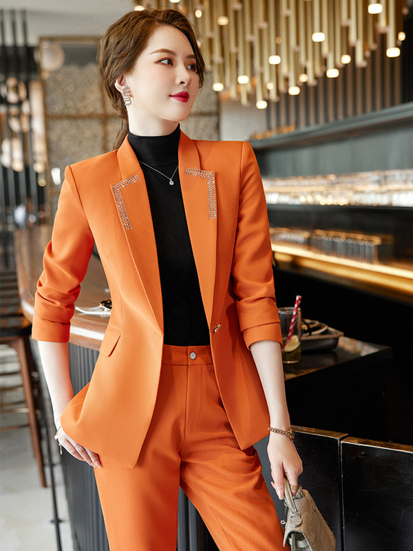 Zöld narancssárga fekete üzleti munkaruha nadrágkosztüm, női irodai női formális blézer és nadrág női hosszú ujjú 2 részes szett