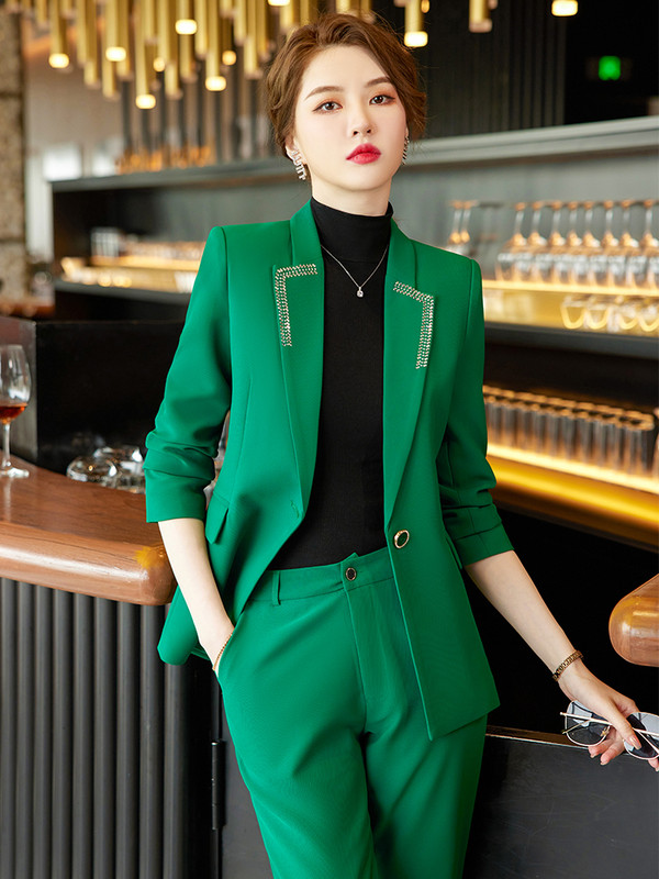 Zöld narancssárga fekete üzleti munkaruha nadrágkosztüm, női irodai női formális blézer és nadrág női hosszú ujjú 2 részes szett