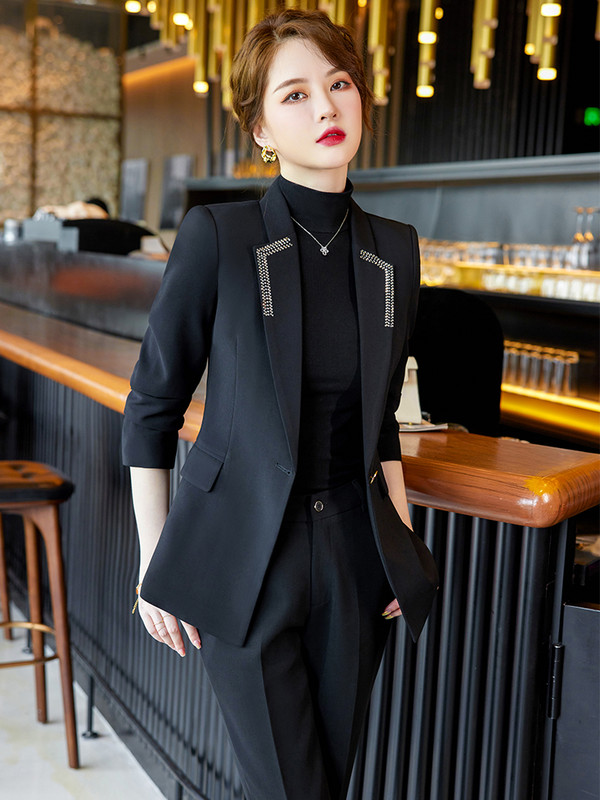 Zöld narancssárga fekete üzleti munkaruha nadrágkosztüm, női irodai női formális blézer és nadrág női hosszú ujjú 2 részes szett