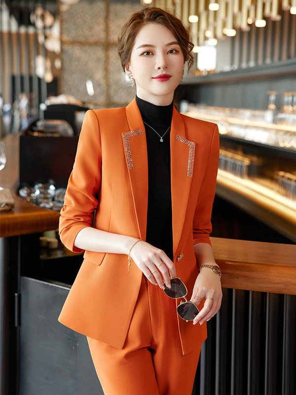 Zöld narancssárga fekete üzleti munkaruha nadrágkosztüm, női irodai női formális blézer és nadrág női hosszú ujjú 2 részes szett