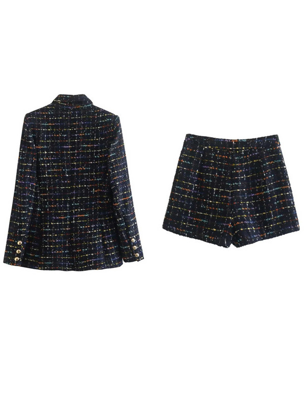 Kumsvag Női Rövidnadrágok Öltönyök 2 darabos Szettek 2022 Őszi kockás kockás karcsú blézerek Kabátok és rövidnadrágok Női Elegáns OL Öltöny Ruházat