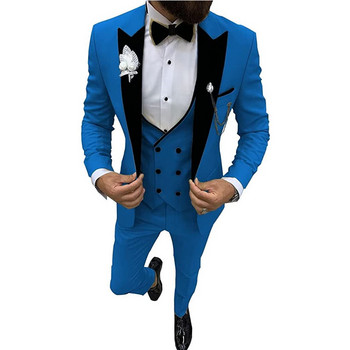 Мъжки костюми от 3 части Бизнес едноцветни костюми Двуредни тънки мъжки костюми за сватбен шафер (блейзър+жилетка+панталон)