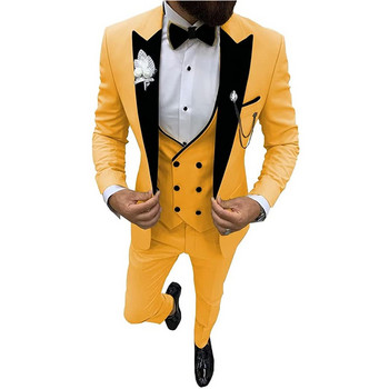 Мъжки костюми от 3 части Бизнес едноцветни костюми Двуредни тънки мъжки костюми за сватбен шафер (блейзър+жилетка+панталон)