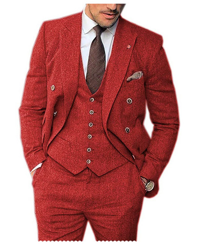 Férfi 3 darabos, hajtókás esküvői öltöny Tweed Vőlegény szmoking öltöny (blézer+mellény+nadrág)
