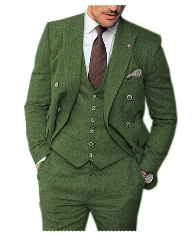 Férfi 3 darabos, hajtókás esküvői öltöny Tweed Vőlegény szmoking öltöny (blézer+mellény+nadrág)