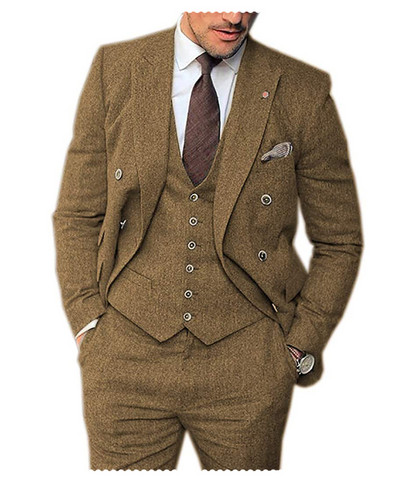 Férfi 3 darabos, hajtókás esküvői öltöny Tweed Vőlegény szmoking öltöny (blézer+mellény+nadrág)