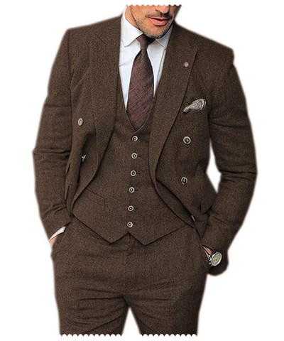 Férfi 3 darabos, hajtókás esküvői öltöny Tweed Vőlegény szmoking öltöny (blézer+mellény+nadrág)