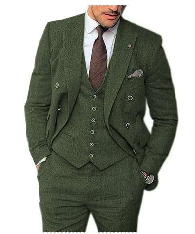 Férfi 3 darabos, hajtókás esküvői öltöny Tweed Vőlegény szmoking öltöny (blézer+mellény+nadrág)