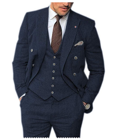 Férfi 3 darabos, hajtókás esküvői öltöny Tweed Vőlegény szmoking öltöny (blézer+mellény+nadrág)