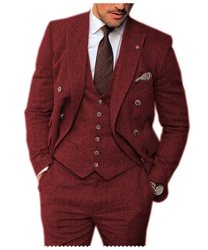 Férfi 3 darabos, hajtókás esküvői öltöny Tweed Vőlegény szmoking öltöny (blézer+mellény+nadrág)