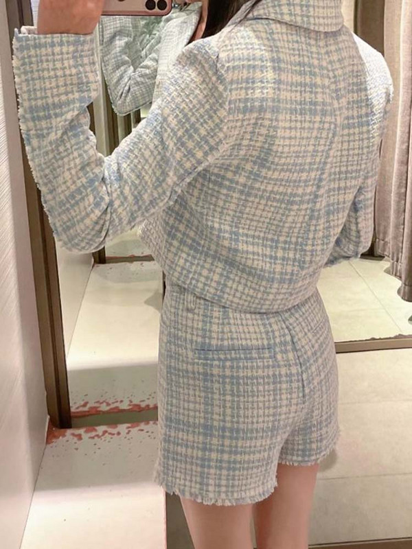 Kumsvag 2022 nyári női rövidnadrág öltöny 2 részes készlet Alkalmi Plaid Veins Blézerek Kabátok és rövidnadrágok Női Elegáns Öltöny Ruházat