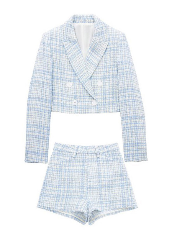 Kumsvag 2022 nyári női rövidnadrág öltöny 2 részes készlet Alkalmi Plaid Veins Blézerek Kabátok és rövidnadrágok Női Elegáns Öltöny Ruházat