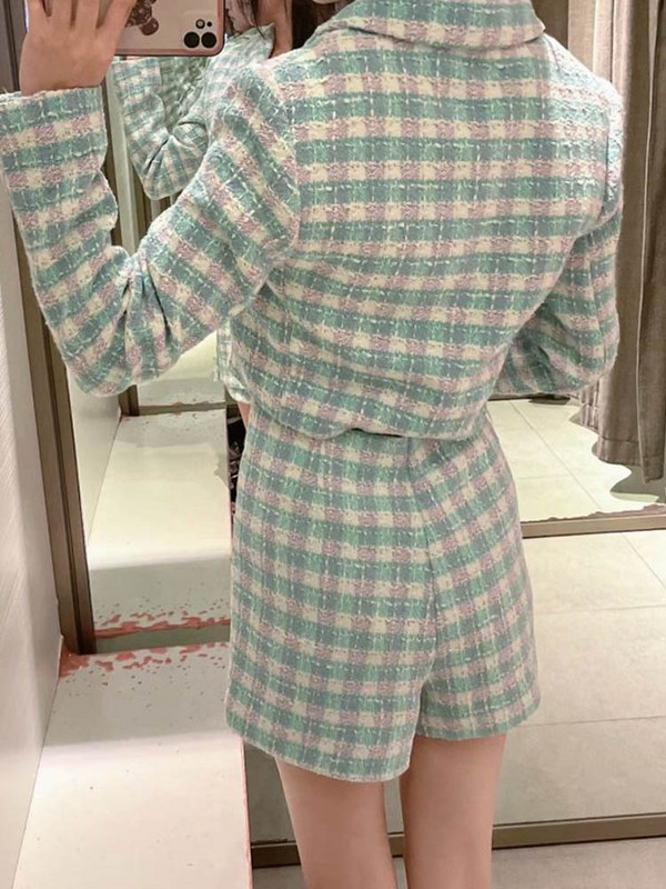 Kumsvag 2022 Summer Női Rövidnadrágok Öltönyök 2 darabos készletek Alkalmi Plaid Veins Blézerek Kabátok és Rövidnadrágok Szoknyák Női Édes öltöny Ruhák