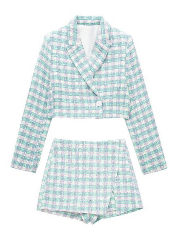 Kumsvag 2022 Summer Női Rövidnadrágok Öltönyök 2 darabos készletek Alkalmi Plaid Veins Blézerek Kabátok és Rövidnadrágok Szoknyák Női Édes öltöny Ruhák