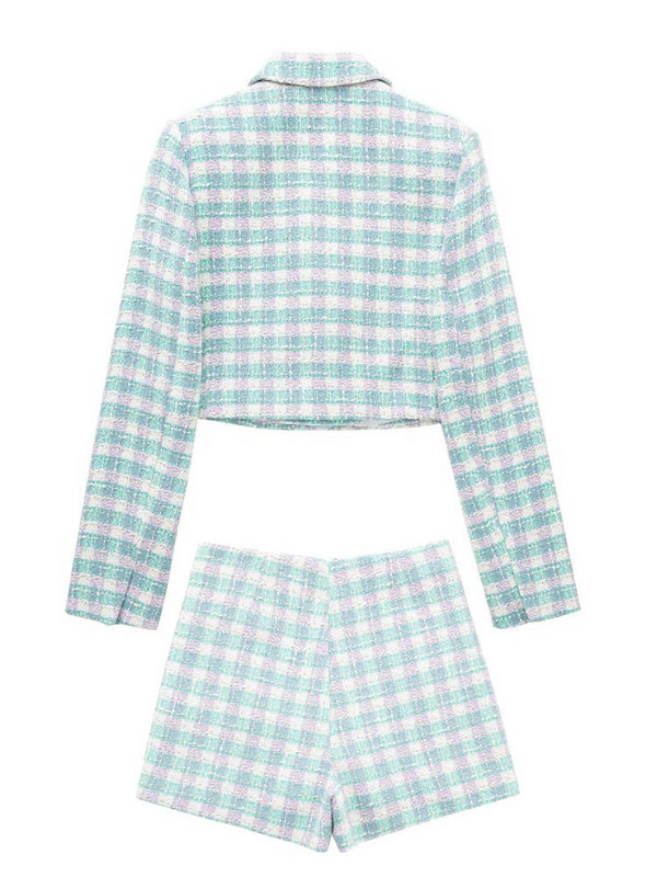 Kumsvag 2022 Summer Női Rövidnadrágok Öltönyök 2 darabos készletek Alkalmi Plaid Veins Blézerek Kabátok és Rövidnadrágok Szoknyák Női Édes öltöny Ruhák