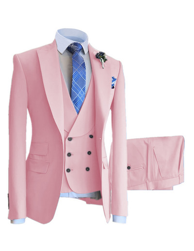 Férfi üzleti öltöny, kétsoros, lapos csúcsú, hajtókás öltöny esküvői partira (blézer+mellény+nadrág)