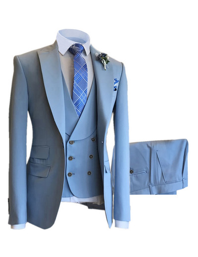 Férfi üzleti öltöny, kétsoros, lapos csúcsú, hajtókás öltöny esküvői partira (blézer+mellény+nadrág)