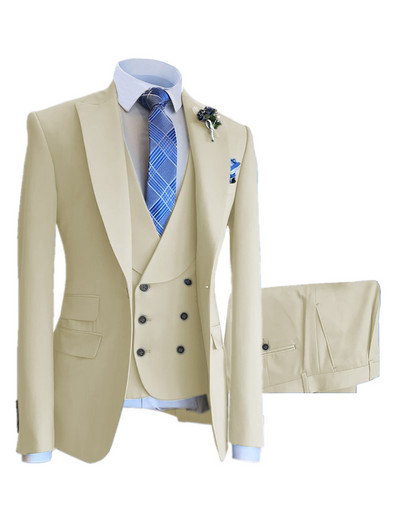 Férfi üzleti öltöny, kétsoros, lapos csúcsú, hajtókás öltöny esküvői partira (blézer+mellény+nadrág)