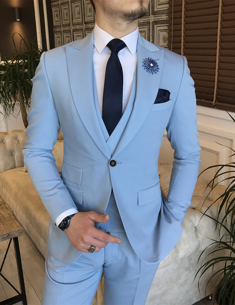 Férfi üzleti öltöny, kétsoros, lapos csúcsú, hajtókás öltöny esküvői partira (blézer+mellény+nadrág)