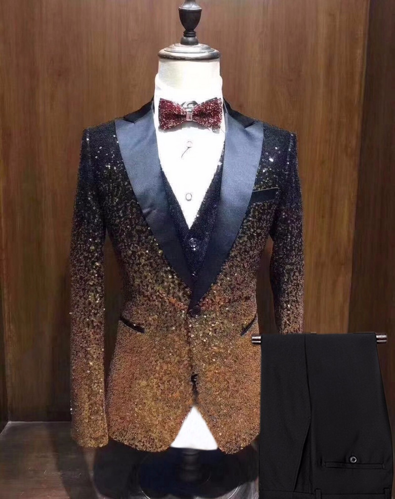 3 részes, fényes flitteres férfi öltöny, karcsú, egygombos, csúcsos, hajtókás szmoking bulira, esküvőre, bankettre, éjszakai klubblézerre+mellény+nadrág