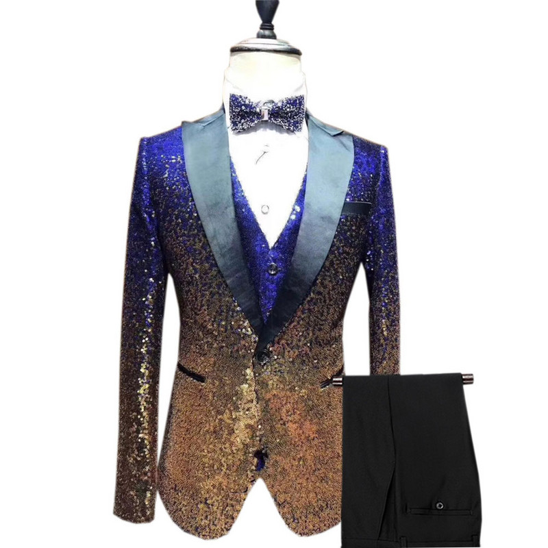 3 részes, fényes flitteres férfi öltöny, karcsú, egygombos, csúcsos, hajtókás szmoking bulira, esküvőre, bankettre, éjszakai klubblézerre+mellény+nadrág