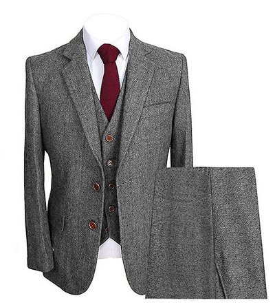 Férfi gyapjú tweed öltöny, 3 részes formális hajtóka, halszálkás szmoking blézer téli esküvői vőlegény (blézer+mellény+nadrág)