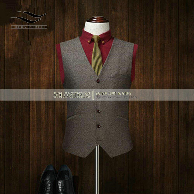 Férfi gyapjú tweed öltöny, 3 részes formális hajtóka, halszálkás szmoking blézer téli esküvői vőlegény (blézer+mellény+nadrág)