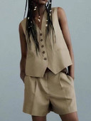 Kumsvag 2022 nyári női lenvászon 2 részes készletek öltönyök alkalmi tömör mellények kabátok és rövidnadrágok női édes utcai öltöny ruházat