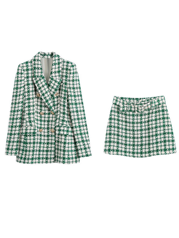 KUMSVAG 2022 nyári női alkalmi szoknya öltönyök 2 részes készletek kockás vénák blézerek kabátok és szoknyák női utcai kétrészes ruhák