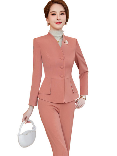 Elegáns női karcsú nadrágkosztüm formális női 2 részes szett sárga rózsaszín irodai munkaruha blézer dzseki és nadrág