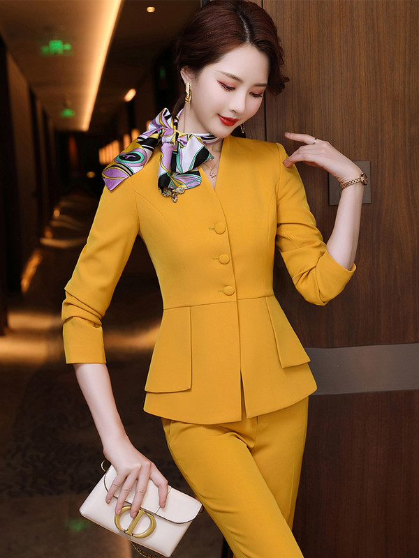 Elegáns női karcsú nadrágkosztüm formális női 2 részes szett sárga rózsaszín irodai munkaruha blézer dzseki és nadrág
