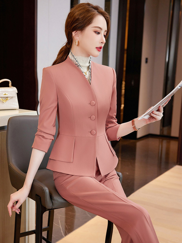 Elegáns női karcsú nadrágkosztüm formális női 2 részes szett sárga rózsaszín irodai munkaruha blézer dzseki és nadrág