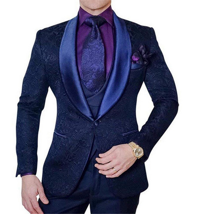 2020-as új, mintás férfi öltöny, 2 darab, lila kendő, hajtóka, alkalmi blézer szmoking Vőfélyek esküvőre (blézer+mellény+nadrág)