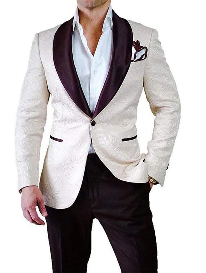 2020-as új, mintás férfi öltöny, 2 darab, lila kendő, hajtóka, alkalmi blézer szmoking Vőfélyek esküvőre (blézer+mellény+nadrág)