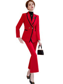 Divatos női nadrágkosztüm formális női irodai munkaruha 2 részes szett piros sárga fekete blézer és nadrág