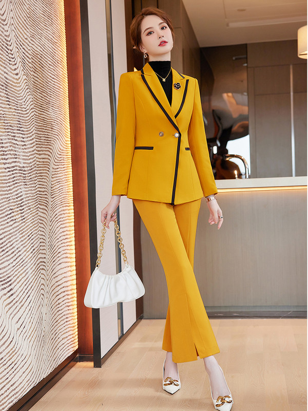 Divatos női nadrágkosztüm formális női irodai munkaruha 2 részes szett piros sárga fekete blézer és nadrág
