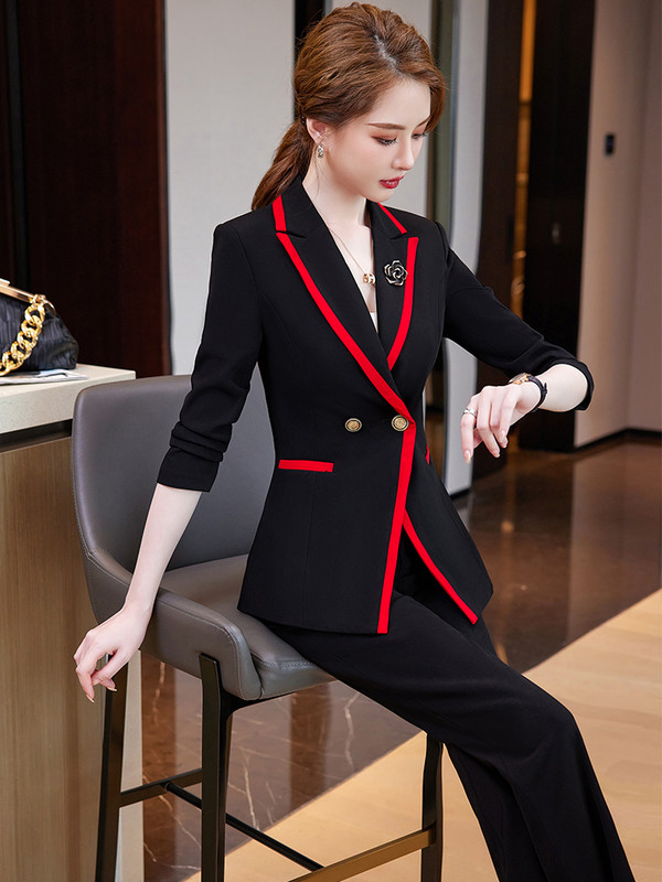 Divatos női nadrágkosztüm formális női irodai munkaruha 2 részes szett piros sárga fekete blézer és nadrág