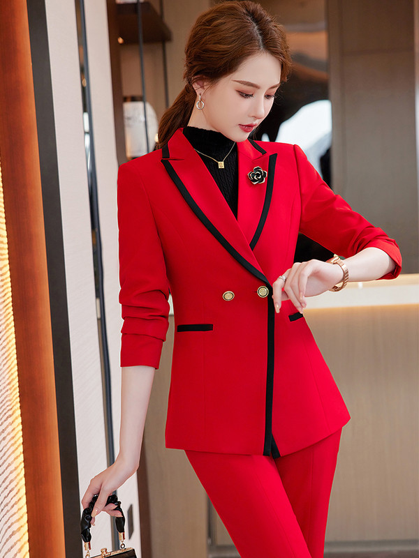 Divatos női nadrágkosztüm formális női irodai munkaruha 2 részes szett piros sárga fekete blézer és nadrág