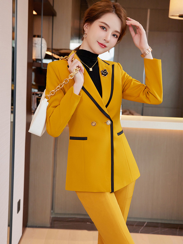 Divatos női nadrágkosztüm formális női irodai munkaruha 2 részes szett piros sárga fekete blézer és nadrág